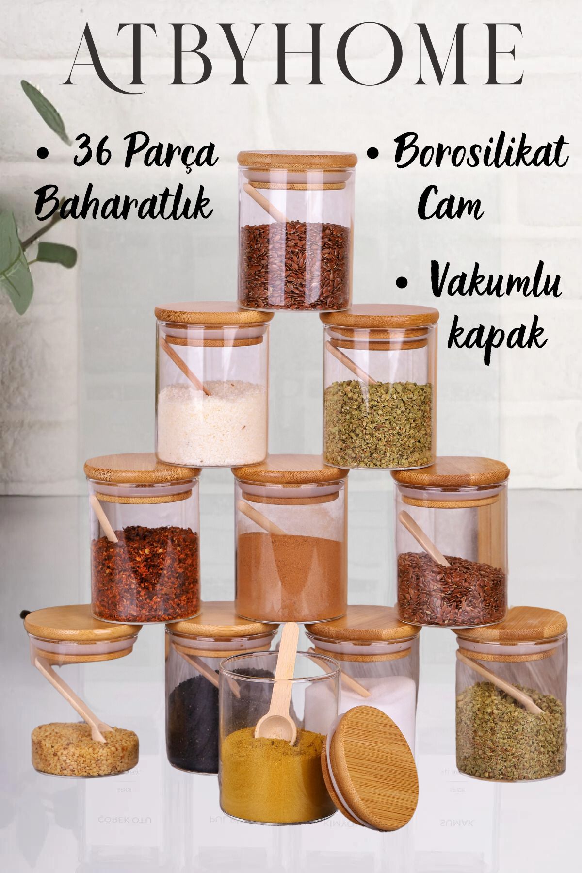 Bambu Silikonlu Vakumlu Kapaklı Borosilikat Cam Baharatlık - 250 ml Baharat Takımı 12 Li Set