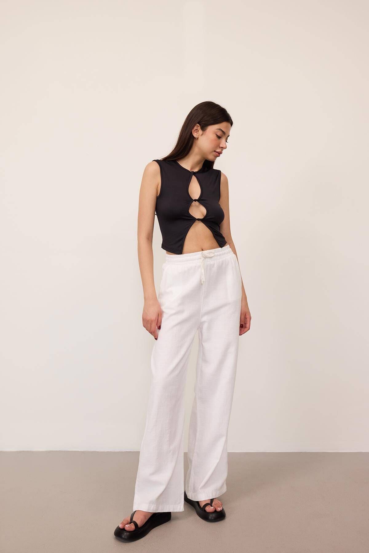 Addax-Lace-up Wide Leg Trousers - PN5118-PNC 1