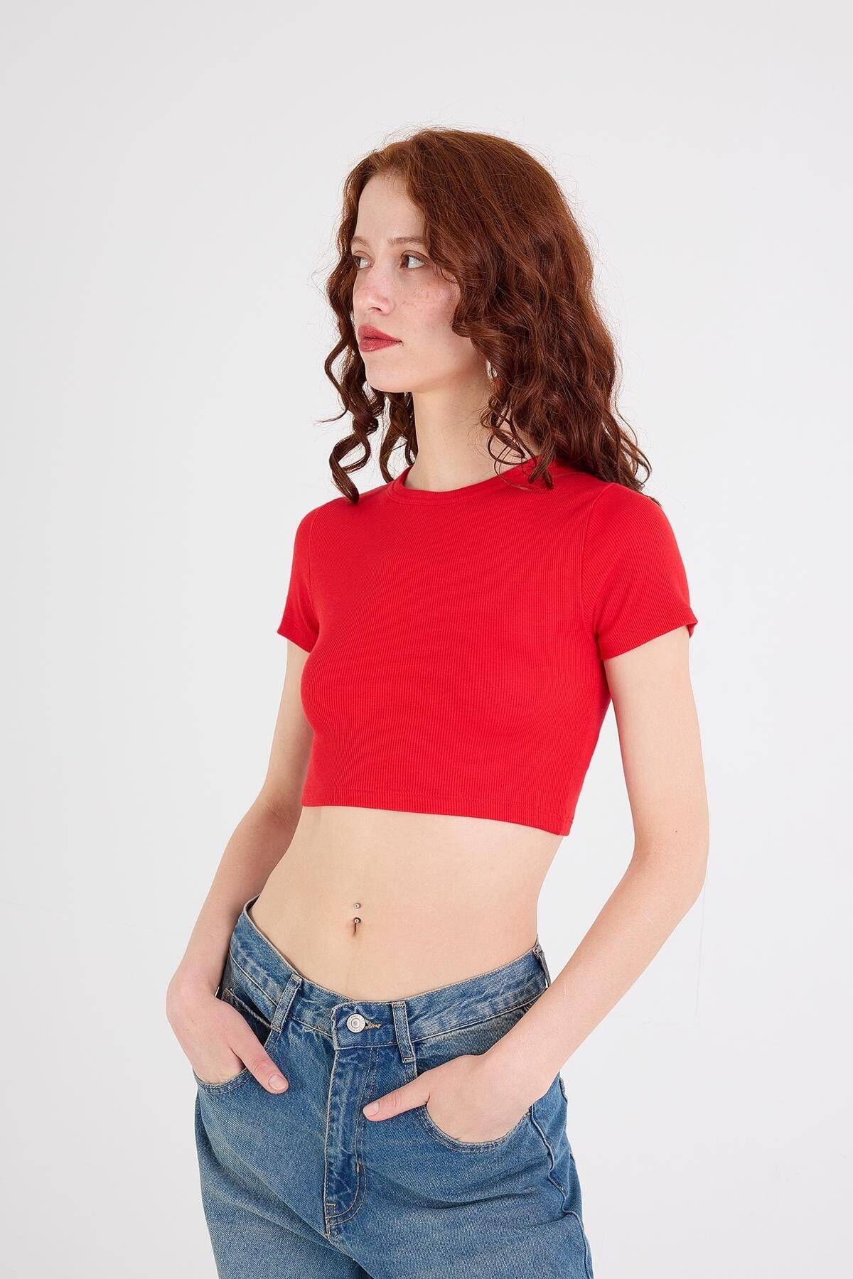 Addax-Crew Neck Ribbed Modal Crop T-Shirt P16125-X8 2