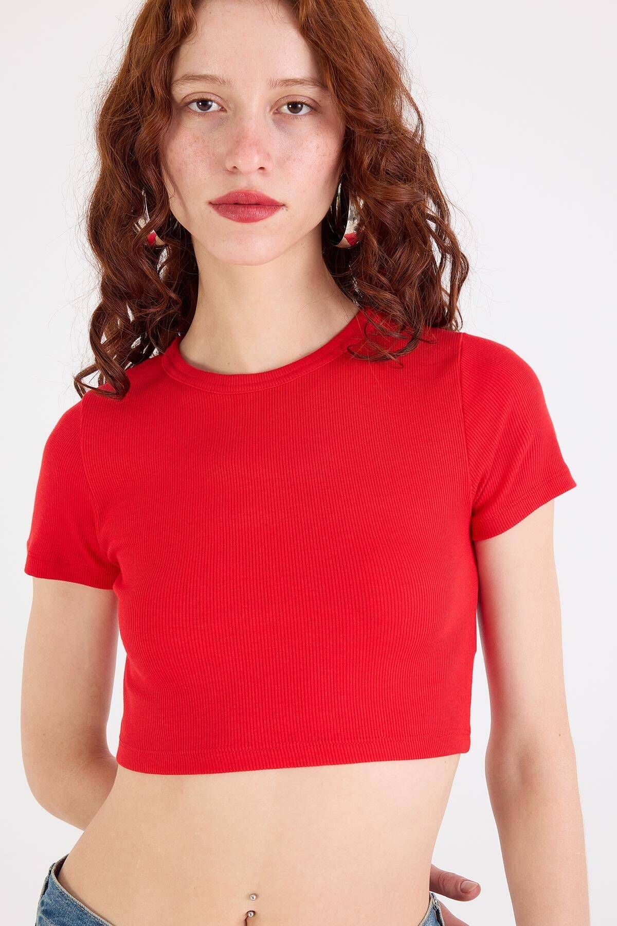 Addax-Crew Neck Ribbed Modal Crop T-Shirt P16125-X8 1