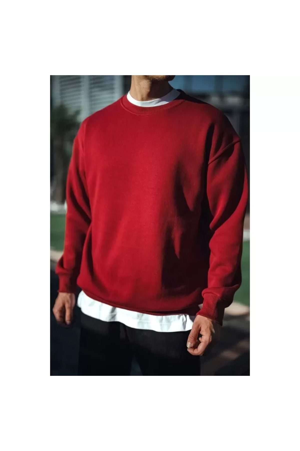 Bade Design Kışlık Bisiklet Yaka Üç İplik Basic SweatShirt - Bordo