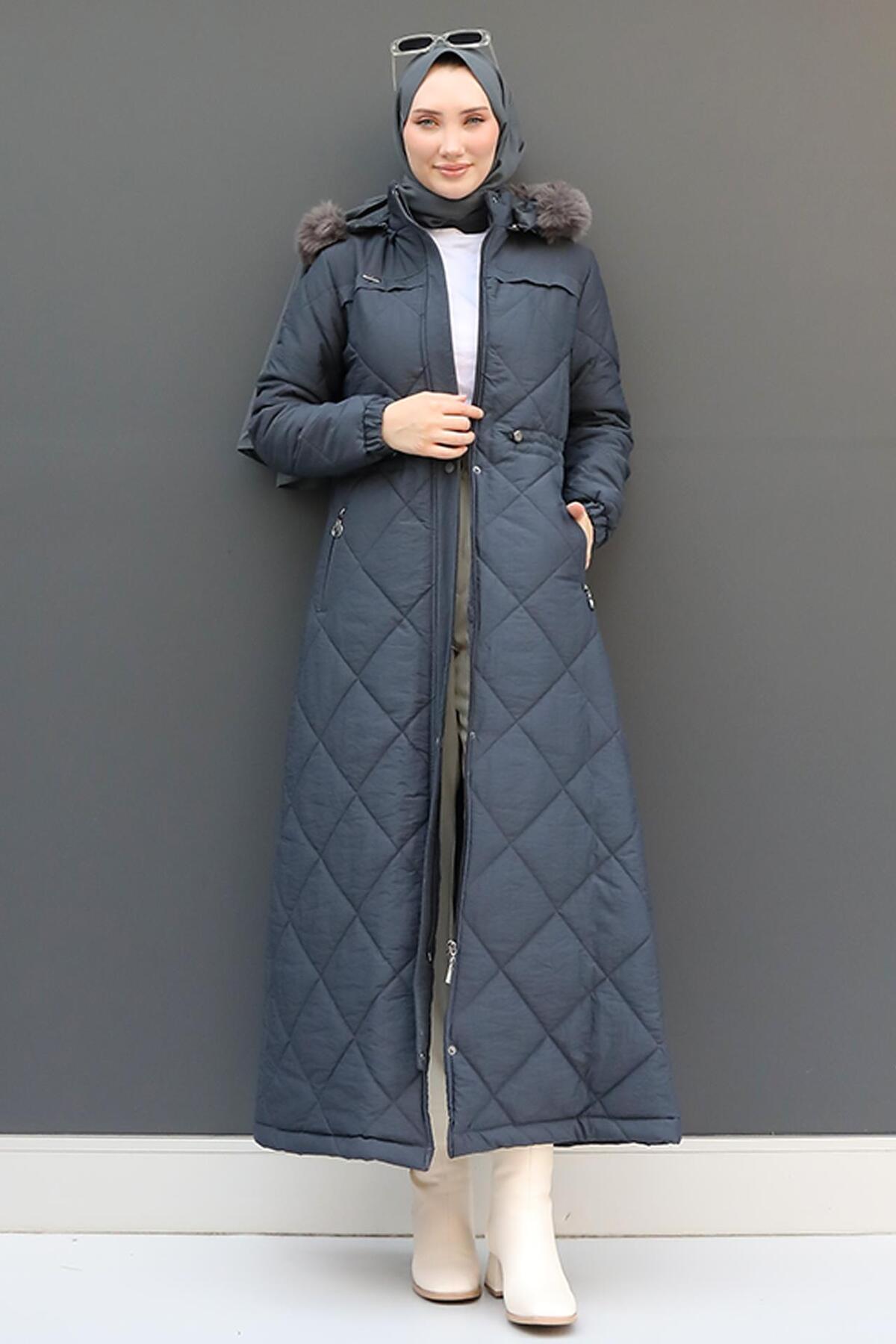 GİZ AGİYİM  Aysema Kürklü Şişme Mont Antrsit - Görsel 4