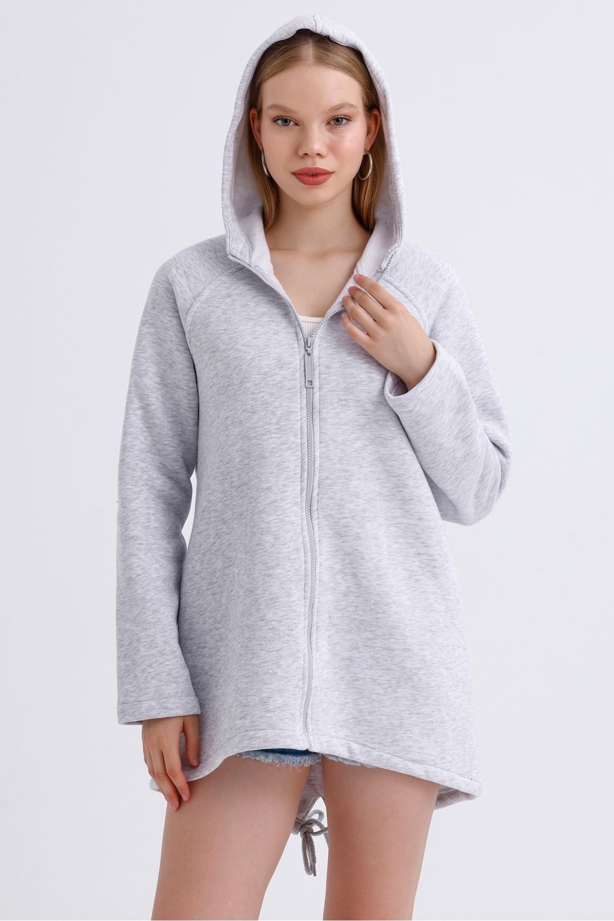 MD trend-Women's Hooded Zipper Closure Asymmetrical Fleece Inside Three Thread Oversize Sweatshirt 5