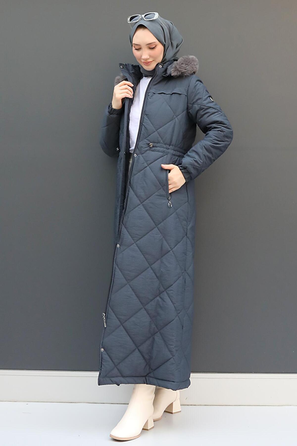 GİZ AGİYİM  Aysema Kürklü Şişme Mont Antrsit - Görsel 5