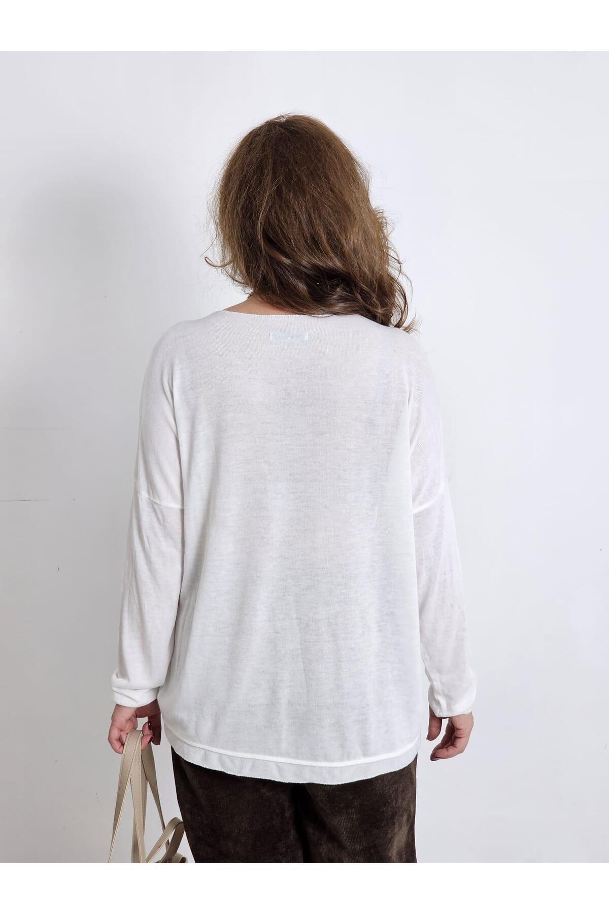 Felix Butik-Feli̇x12707 V-Neck Gold Leaf Imported Cream Knitwear Blouse 4
