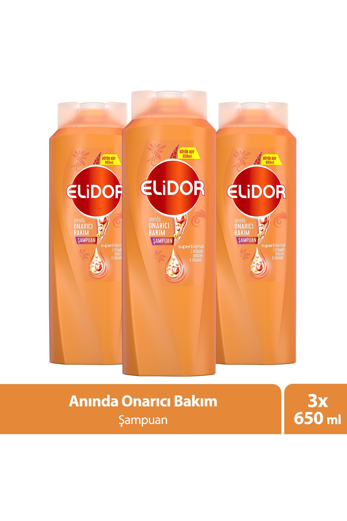 Elidor Superblend Saç Bakım Şampuanı Anında Onarıcı Bakım C Vitamini Keratin Seramid 650 ml X3