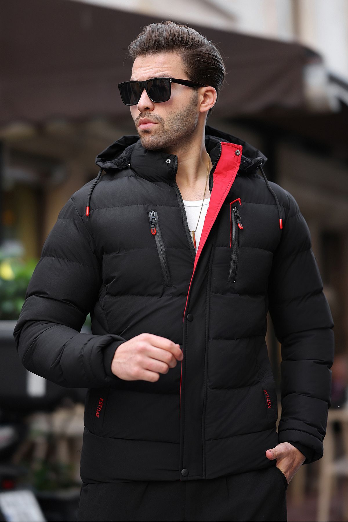 مانتو مردانه MANMARK قرمز با جزئیات کامل Shearling Puffer - کت ضد آب گرم و زمستانی کلاهدار