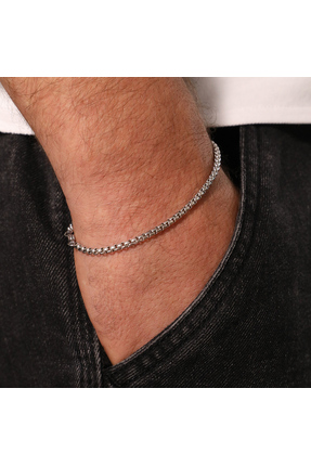 FOURSOLOS Çelik Erkek Bileklik, Gümüş Renk, Modern İnce Zincir, No:35