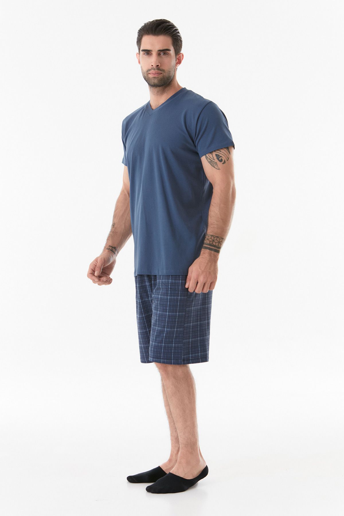 Fulla Moda-V-Neck Plaid Pajama Set 4
