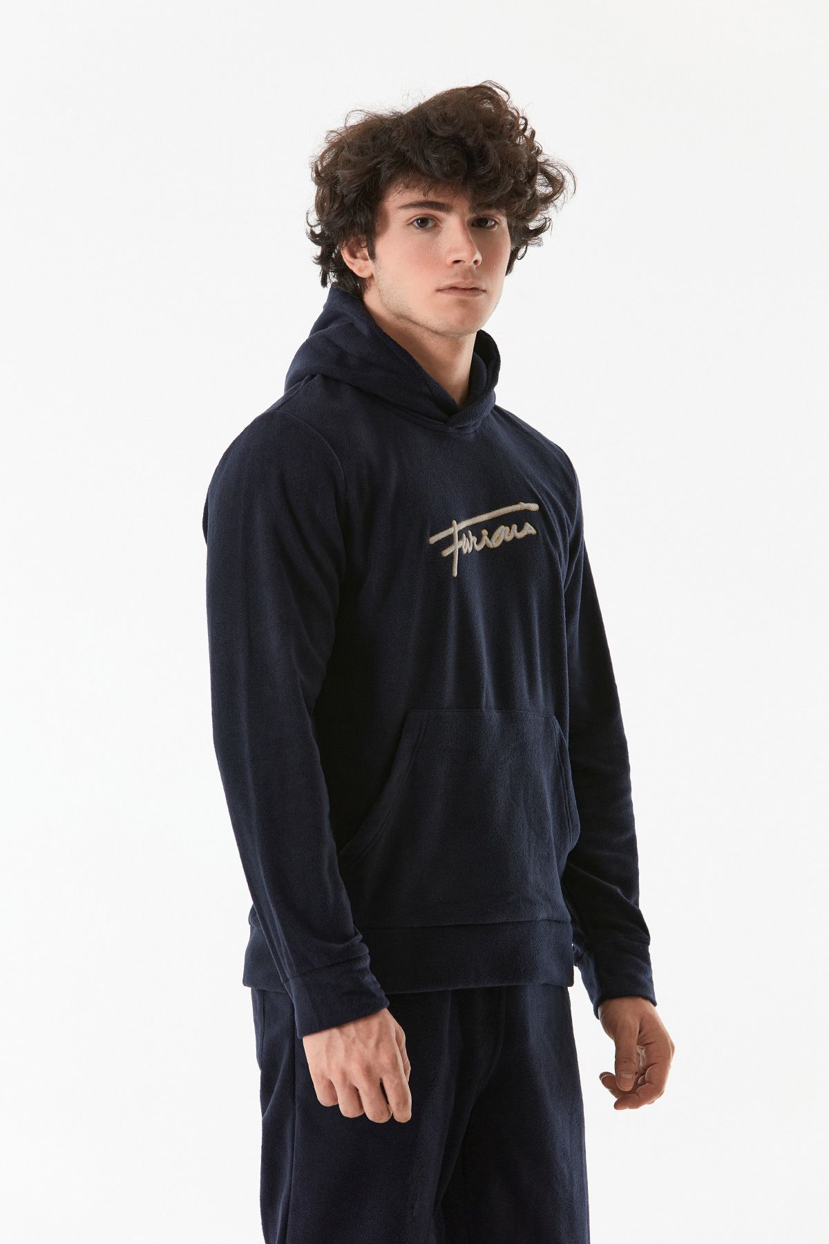 Fulla Moda-Hooded Fleece Sweatshirt - Text Embroidery and Kangaroo Pocket 4