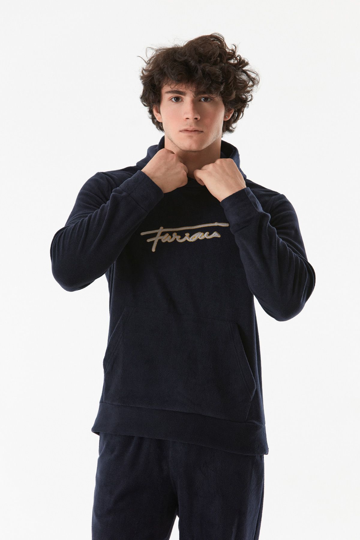 Fulla Moda-Hooded Fleece Sweatshirt - Text Embroidery and Kangaroo Pocket 5