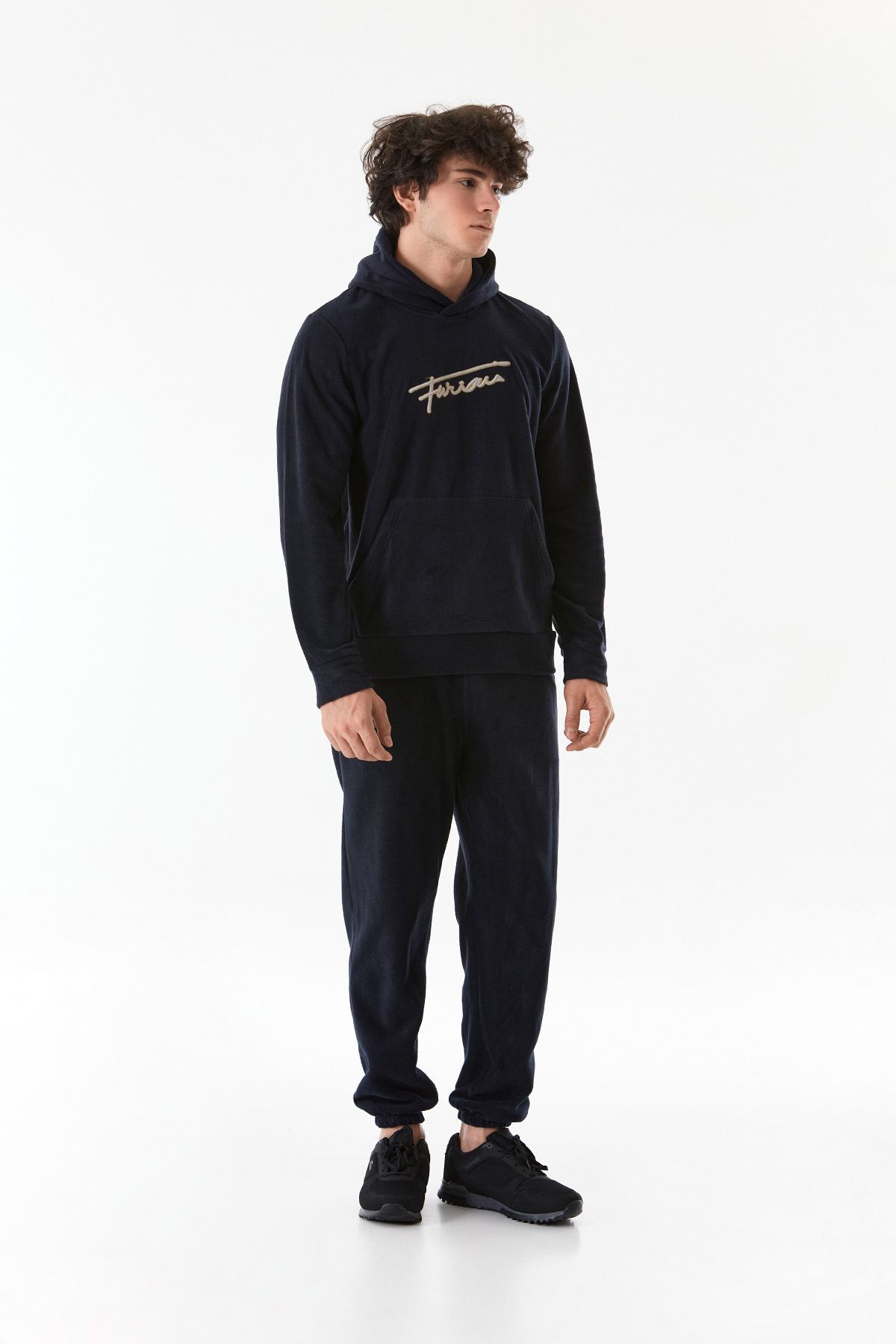 Fulla Moda-Hooded Fleece Sweatshirt - Text Embroidery and Kangaroo Pocket 3