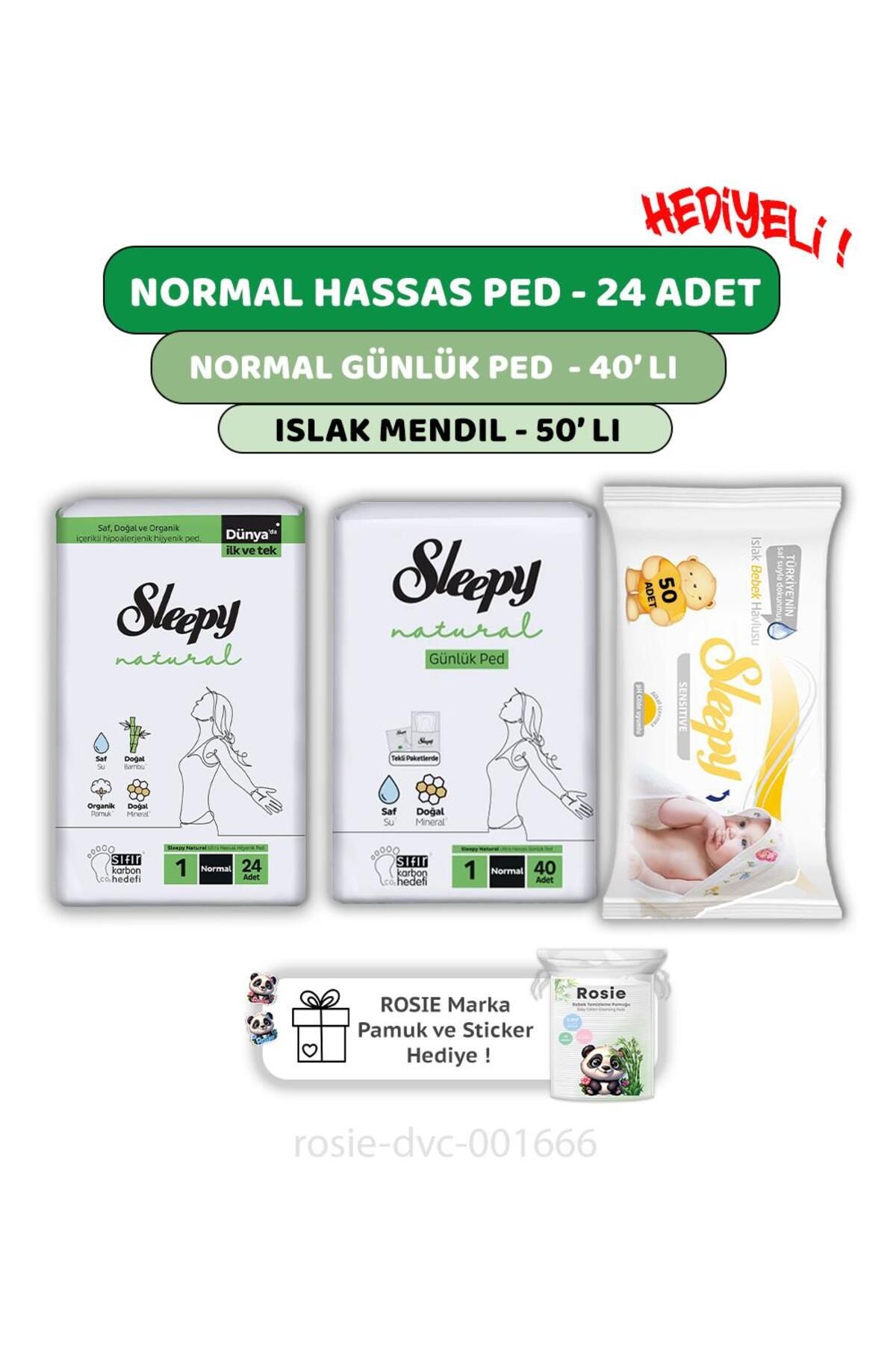 Sleepy Natural Ultra Hassas Normal Ped 24'lü,Günlük Ped 40'lı, Sensitive 50'li Mendil ve ROSIE