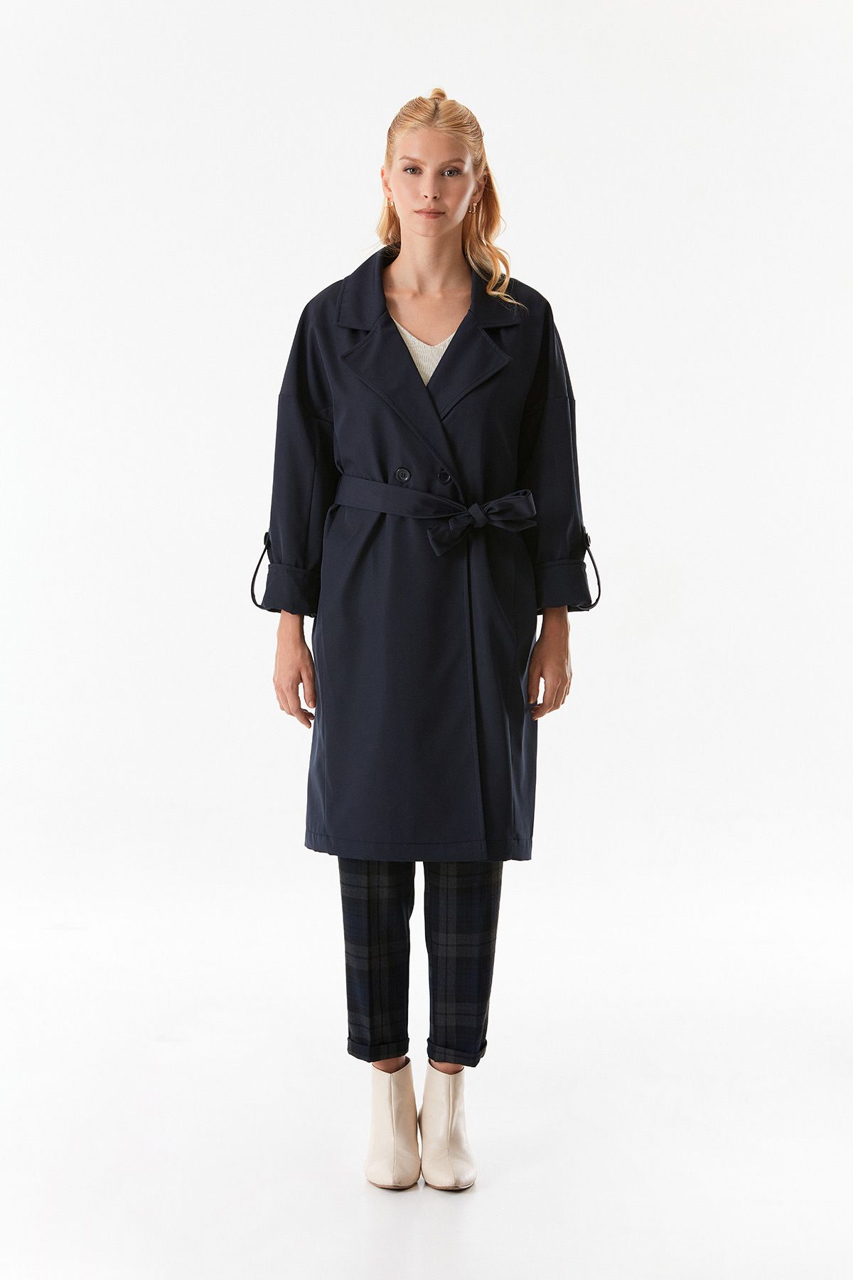 Fulla Moda-Foldable Sleeve and Double Breasted Collar Trench Coat 7