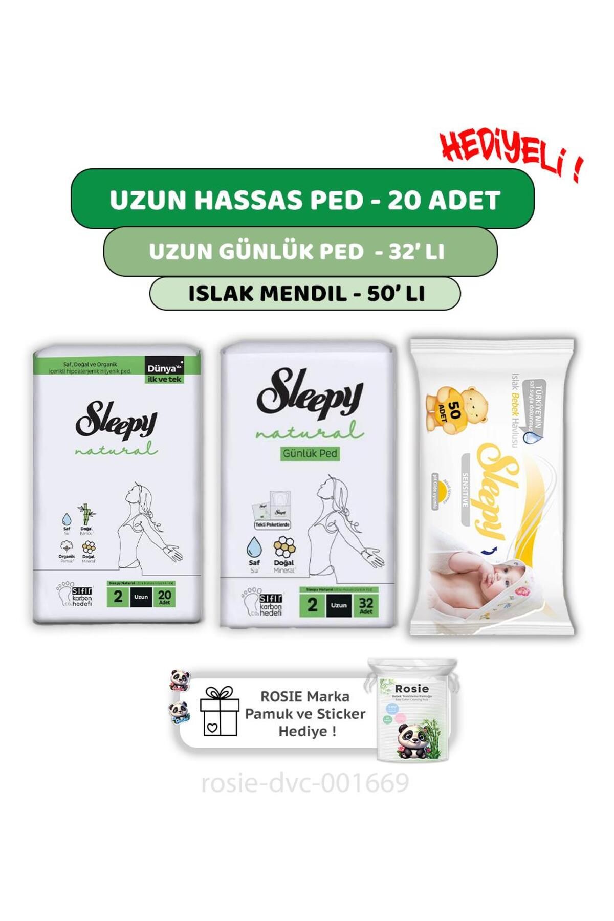 Sleepy Natural Ultra Hassas Uzun Ped 20'li,Günlük Ped 32'li Sensitive 50'li Mendil ve ROSIE