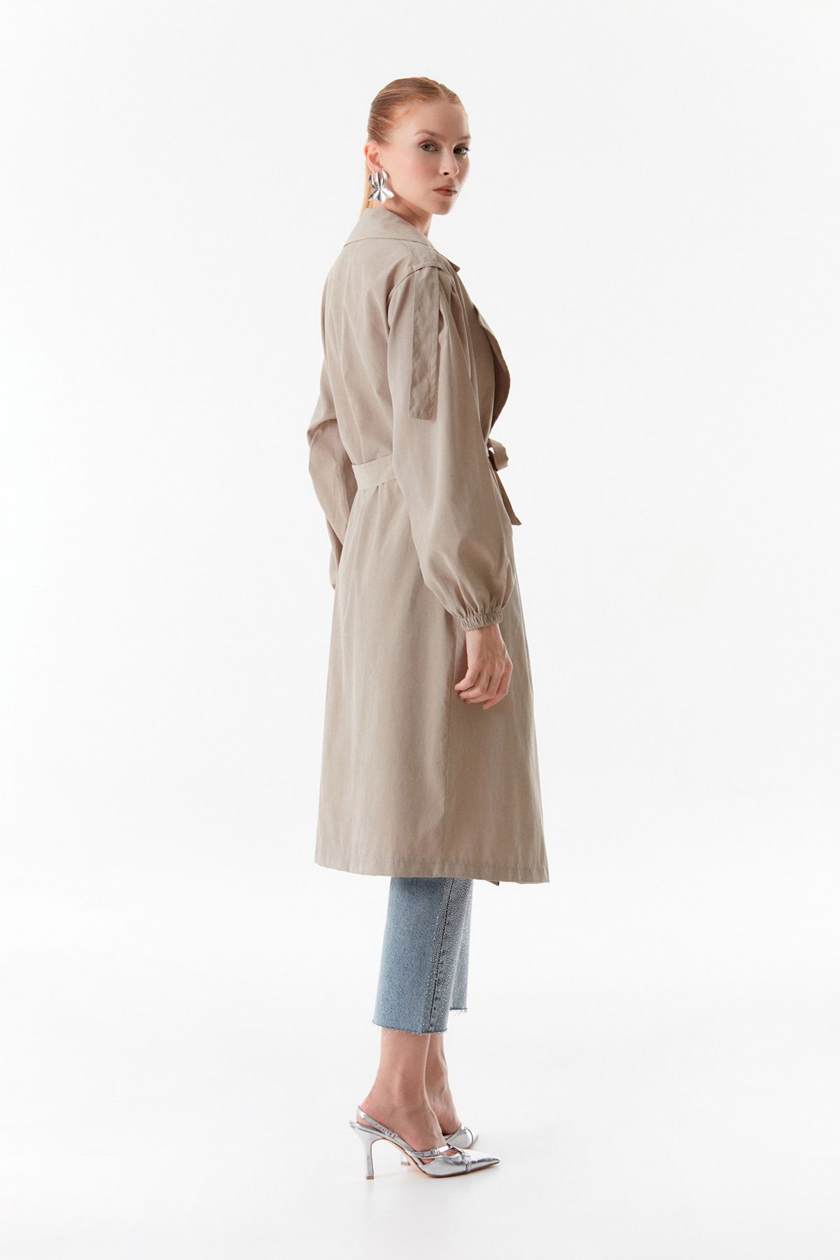 Fulla Moda-Stone Embroidered Double Breasted Collar Trench Coat 6