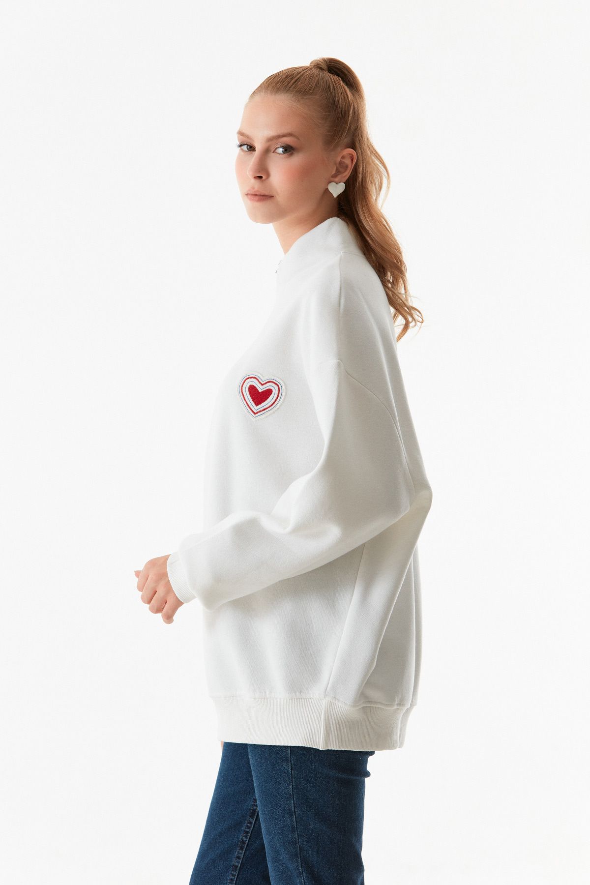 Fulla Moda-Heart Embroidered Stand Collar Oversize Sweatshirt 6