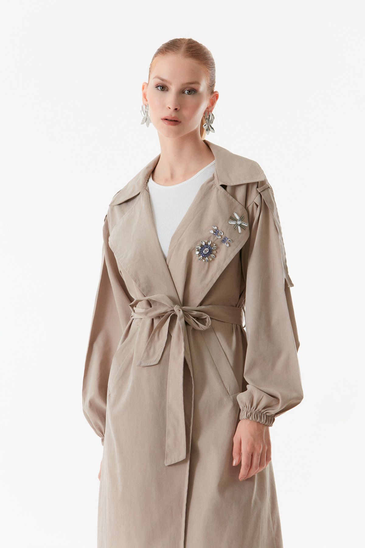 Fulla Moda-Stone Embroidered Double Breasted Collar Trench Coat 4