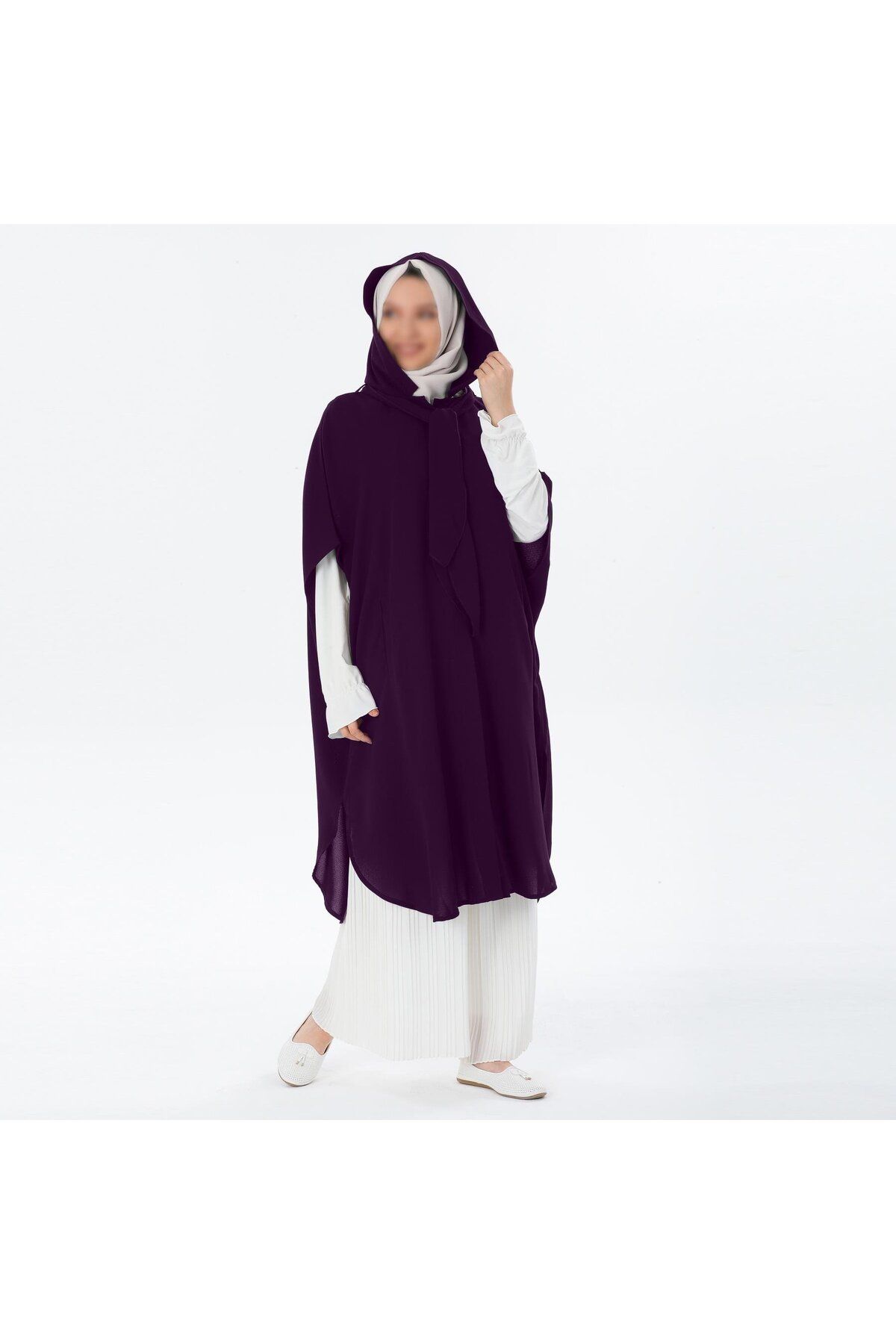 VALENS BOUTİQUE-Summer Crepe Poncho with Removable Hood and Scarf Teseture Poncho 5