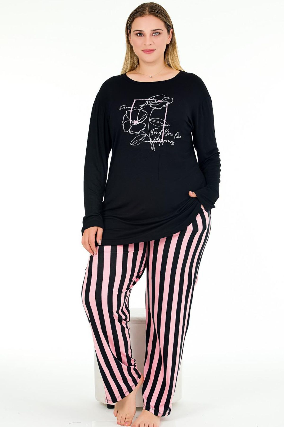 Jenny Daphne-Plus Size Striped Soft Viscose Pajamas Set - Long Sleeve Black Top 11382 3