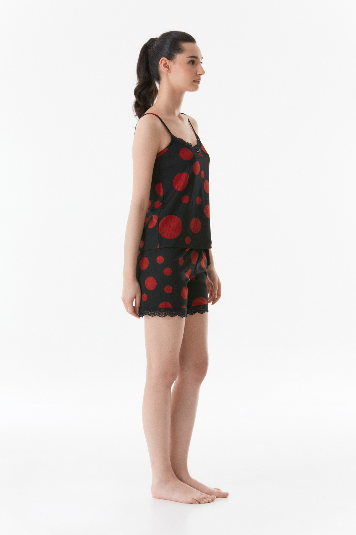 Fulla Moda-Pajama Set with Polka Dot String Strap Shorts 3