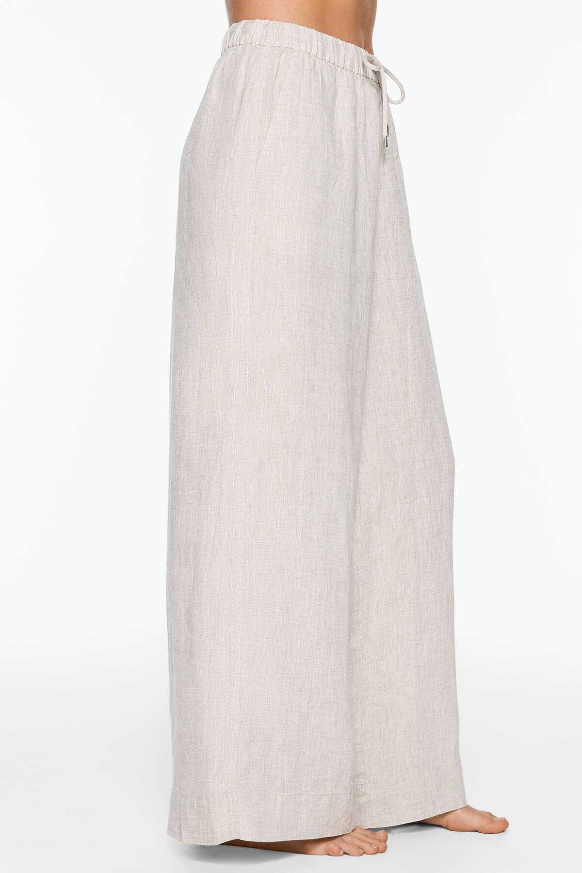 Oysho-100% linen wide straight-leg trousers 5