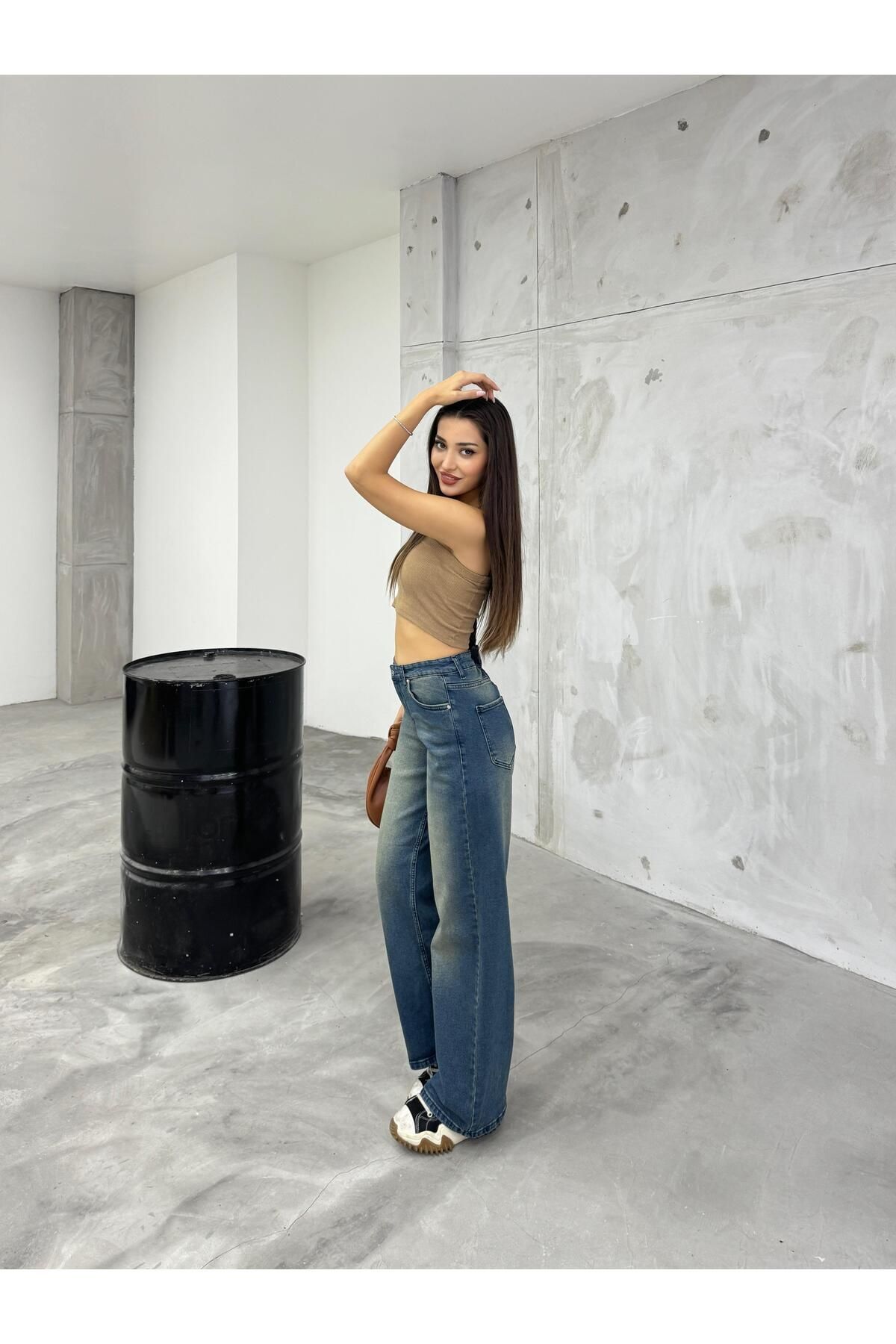 Kadın Bol Kesim Soluk Efekt Straight Fit Baggy Jean Açık Lacivert 6