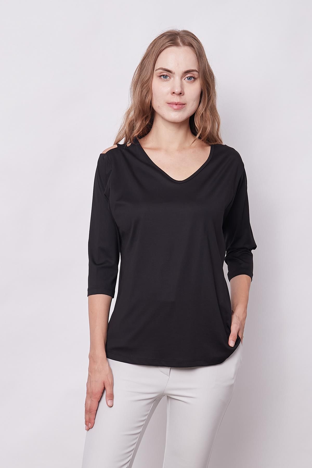 Jument-V-Neck Off-Shoulder Lightweight Lycra Blouse - Black 4