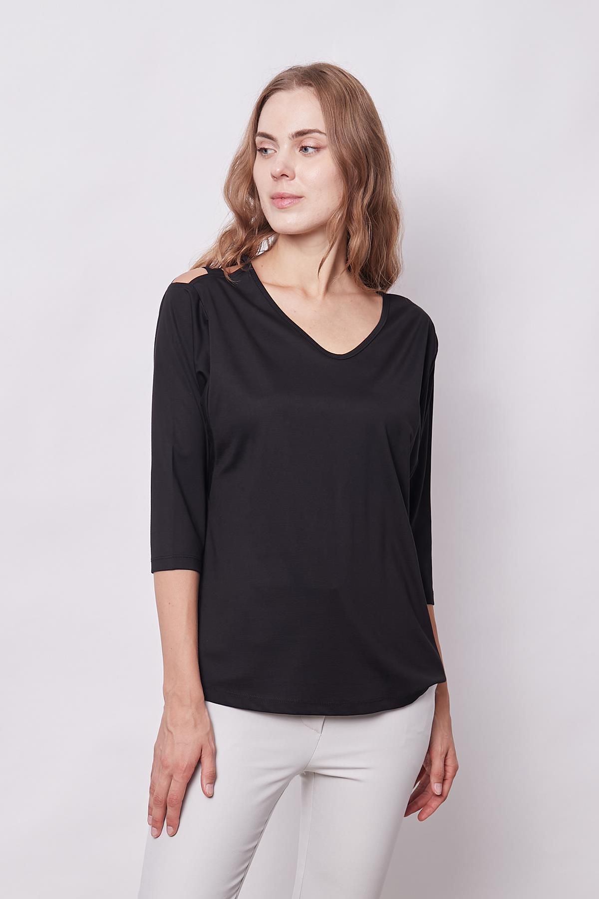 Jument-V-Neck Off-Shoulder Lightweight Lycra Blouse - Black 5