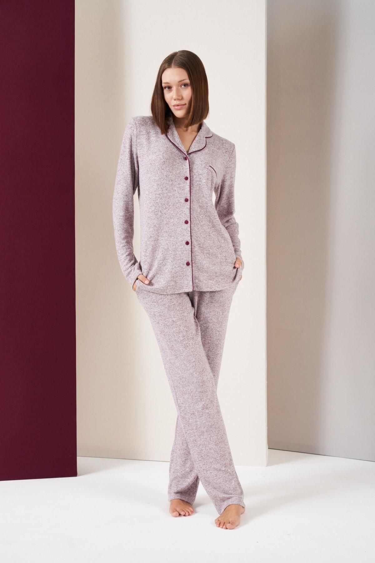 PJS-Women's Buttoned Piping Long Sleeve Soft Pajama Set with Six Pockets 1