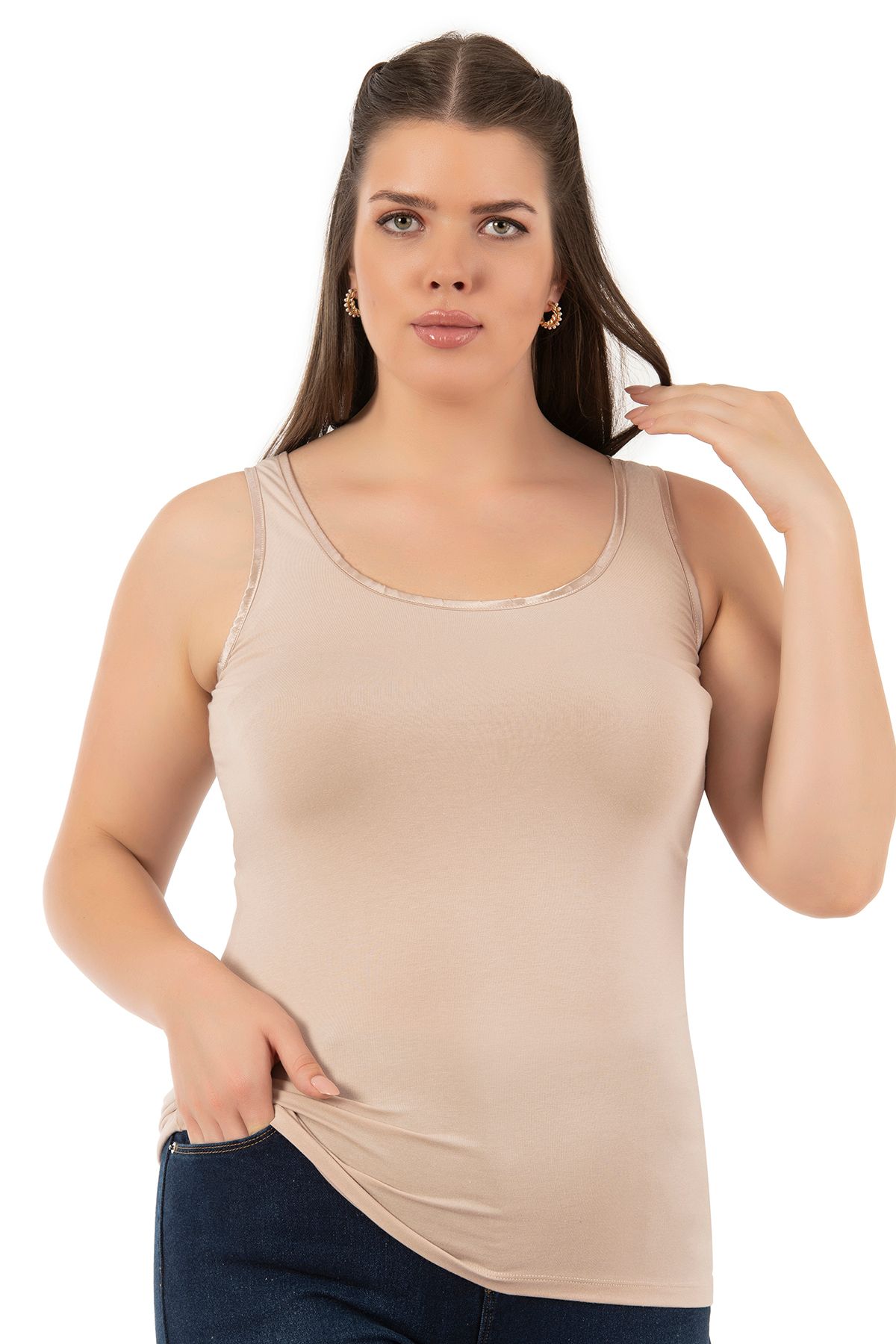 ÖZKAN underwear-Özkan 25922 Women's Viscose Flexible Soft Thick Strap Round Neck Large Size Knitted Tank Top 5