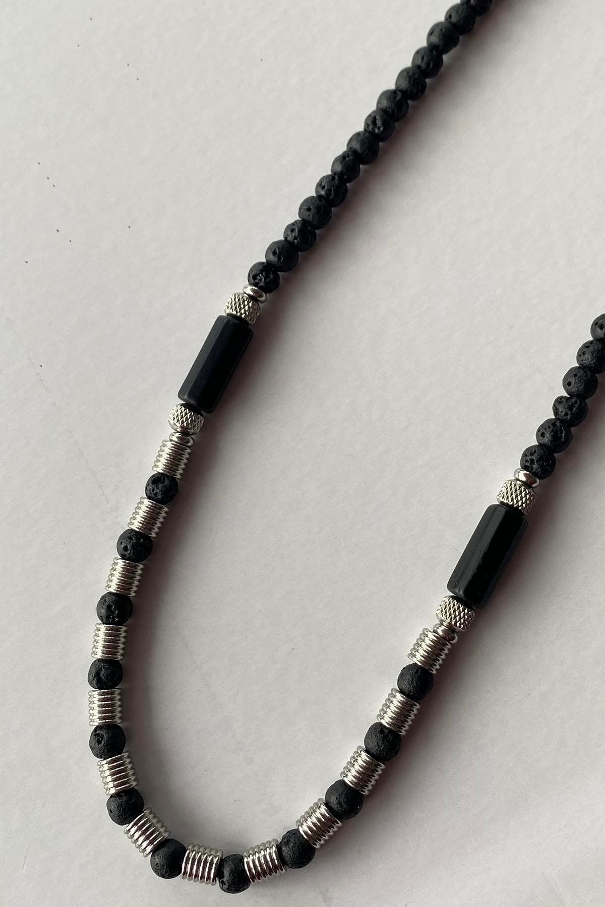 TAKIŞTIR-Black and Gray Color Bead Detailed Men's Necklace 2