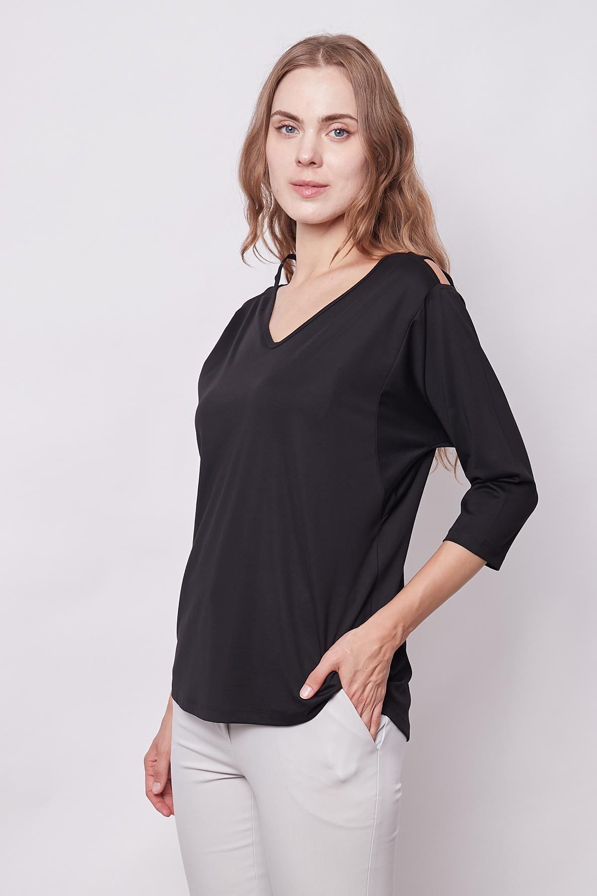 Jument-V-Neck Off-Shoulder Lightweight Lycra Blouse - Black 3