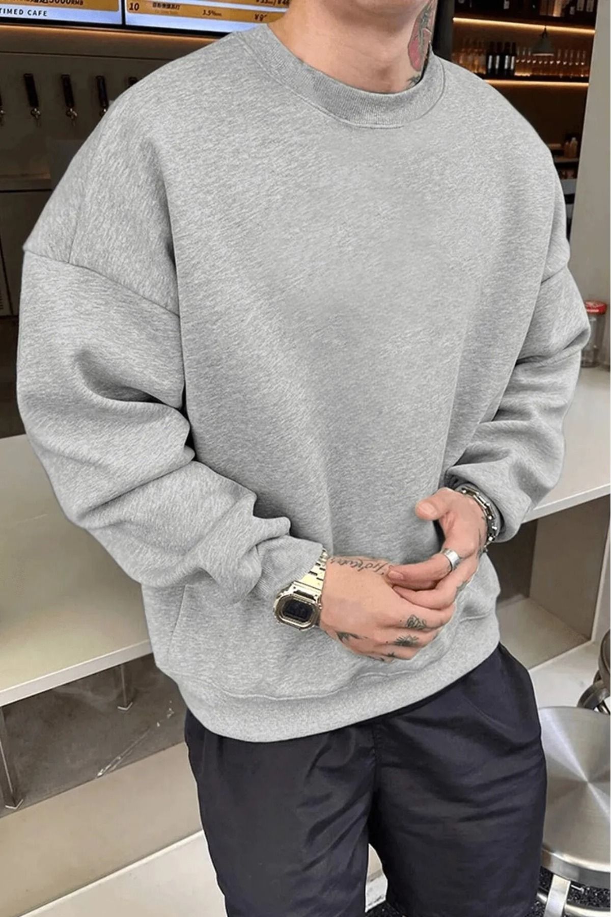 Erkek Düz Gri Basic Baskısız Bisiklet Yaka Oversize Salaş Sweatshirt