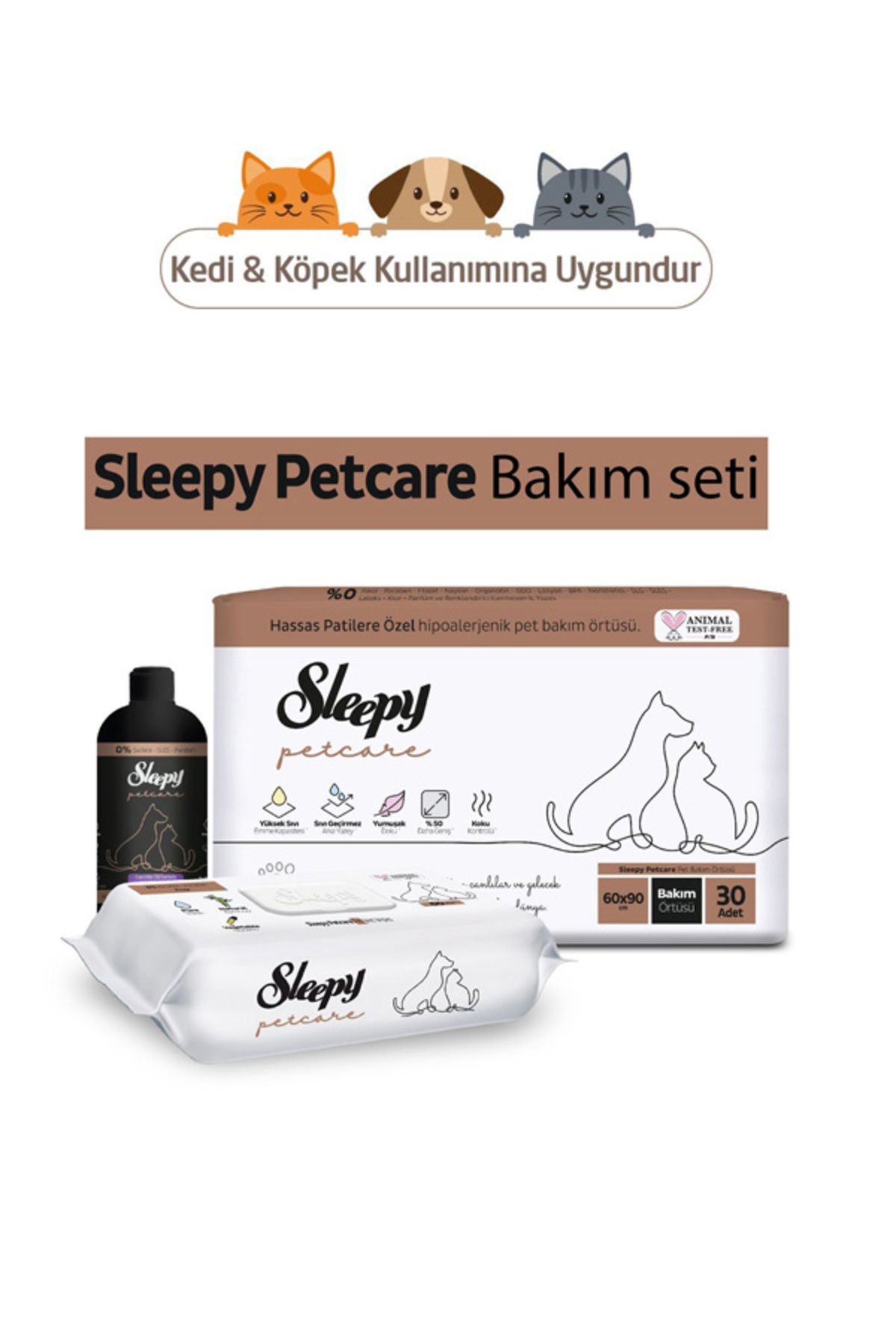 Sleepy Petcare Bakım Seti ( 30'lu Pet Bakım Örtüsü + 60 Yaprak Islak Havlu + 500 ml Şampuan )