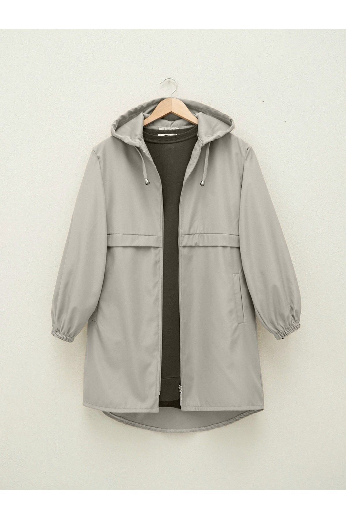 Modamorfo-Zippered Hooded Araboy Raincoat Trench Coat -Stone 3