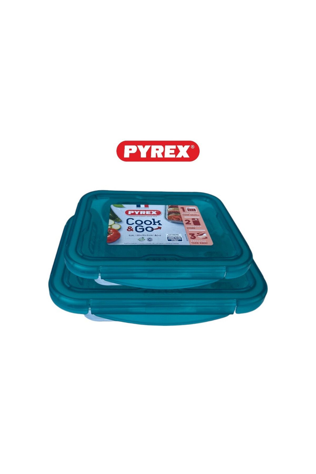 Pyrex-Cook&Go Storage Dish Set - 0.8L & 1.9L Rectangular Glass Containers with Airtight Green Lids 1