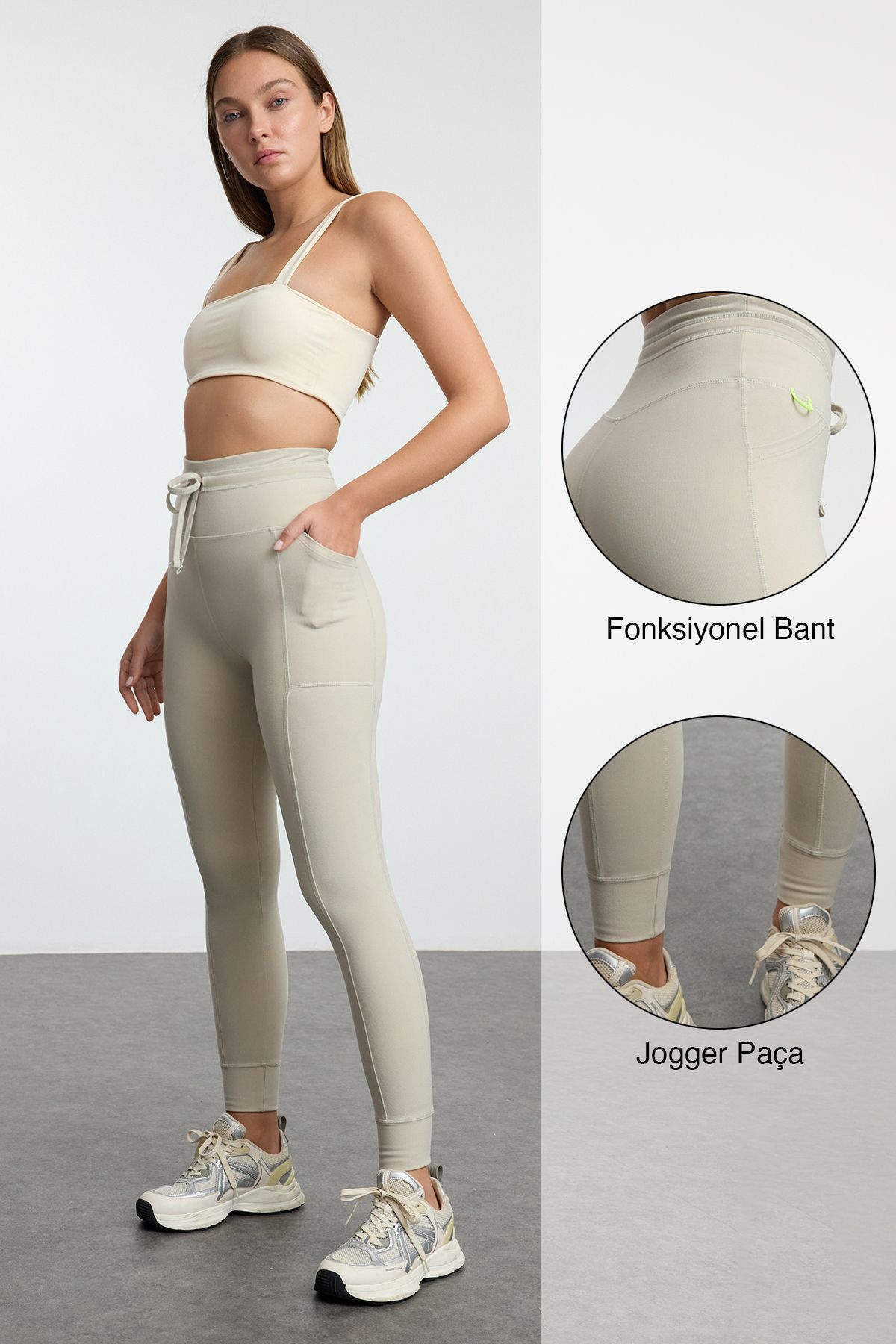Trendyol Collection Puha szövet teljes hosszúságú fitnesz leggings - kőkefe, zseb és nyakkendő részletekkel THMAW25TY00014