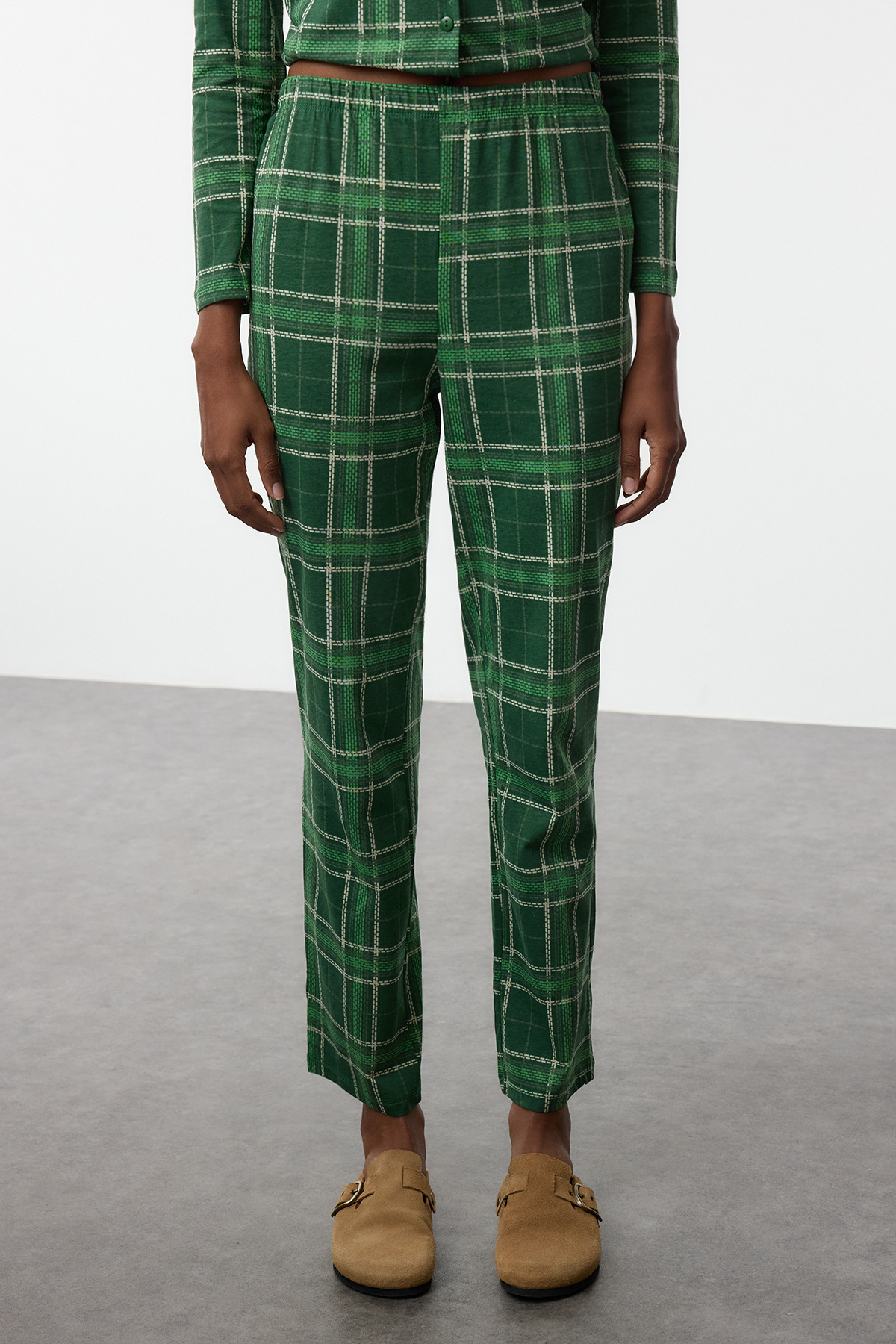 Trendyolmilla  Yeşil %100 Pamuklu Ekoseli Örme Pijama Takımı THMAW20PT0266 - Görsel 4