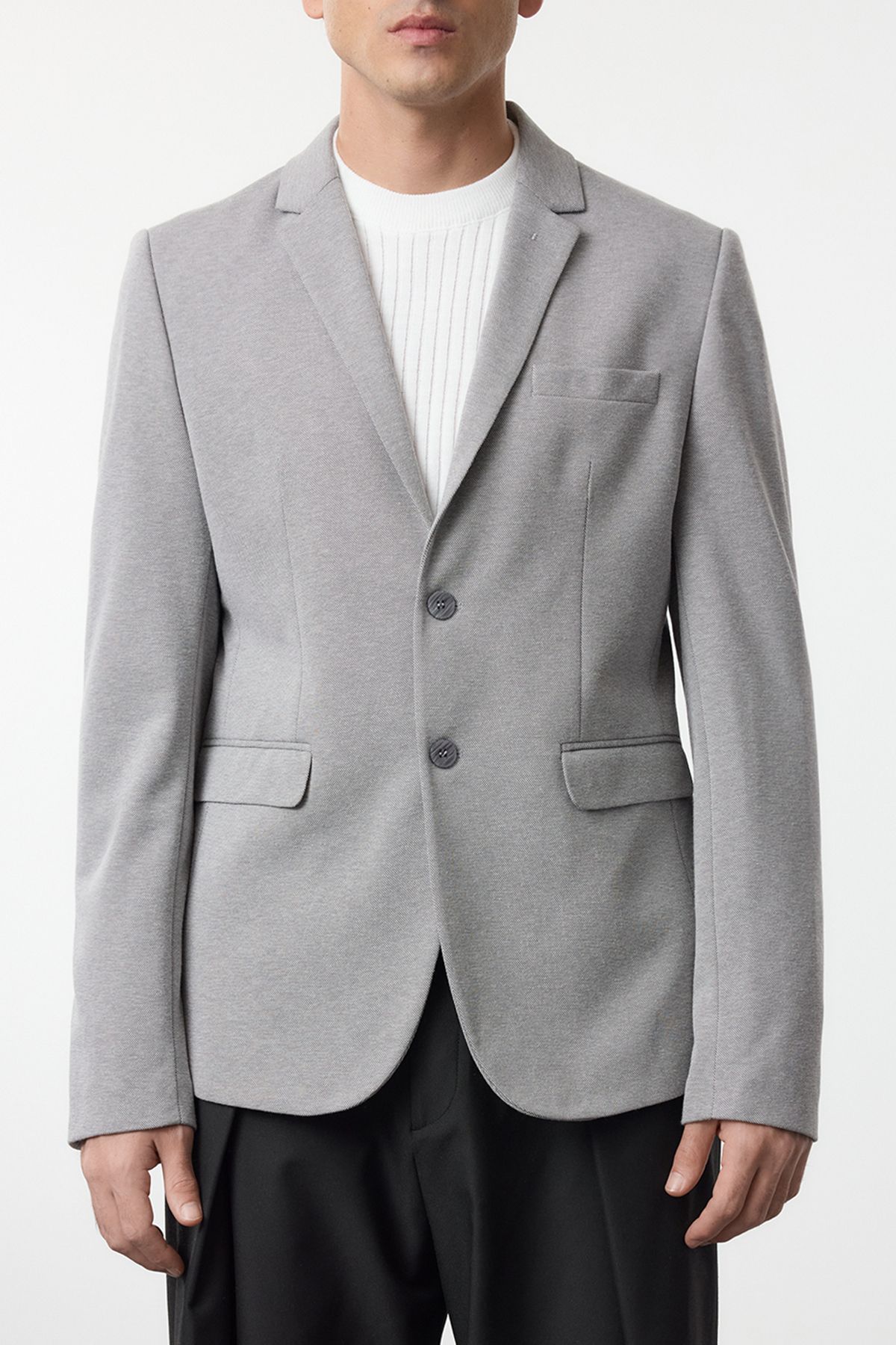Trendyol Collection-Flexible and Comfortable Gray Blazer Jacket - Regular Fit, Textured Fabric Tmnaw22Ce0235 4