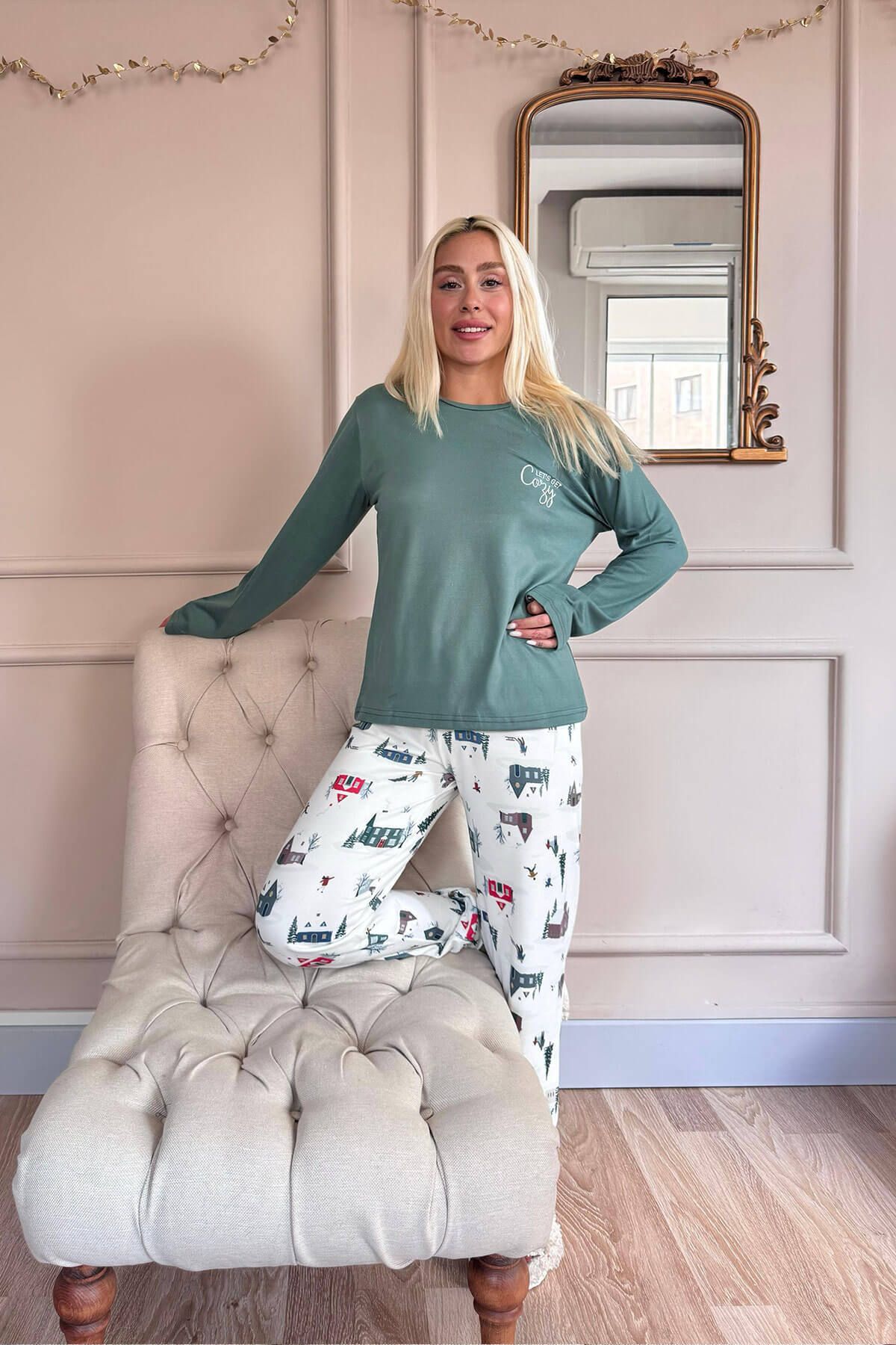 Pijamaevi-Green Cozy Patterned Thermal Women's Pajama Set 7