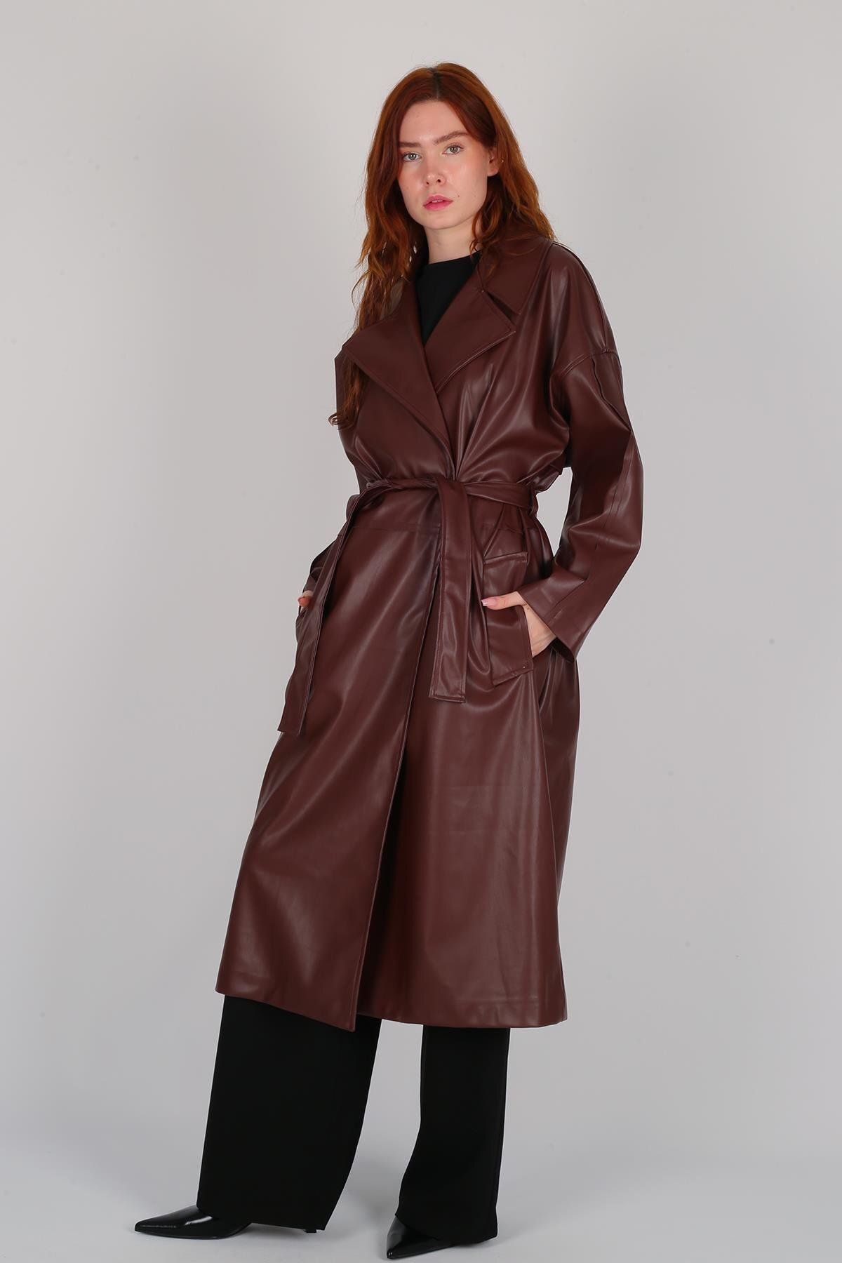 FACETTE-Women's Brown Belted Long Leather Jacket 5