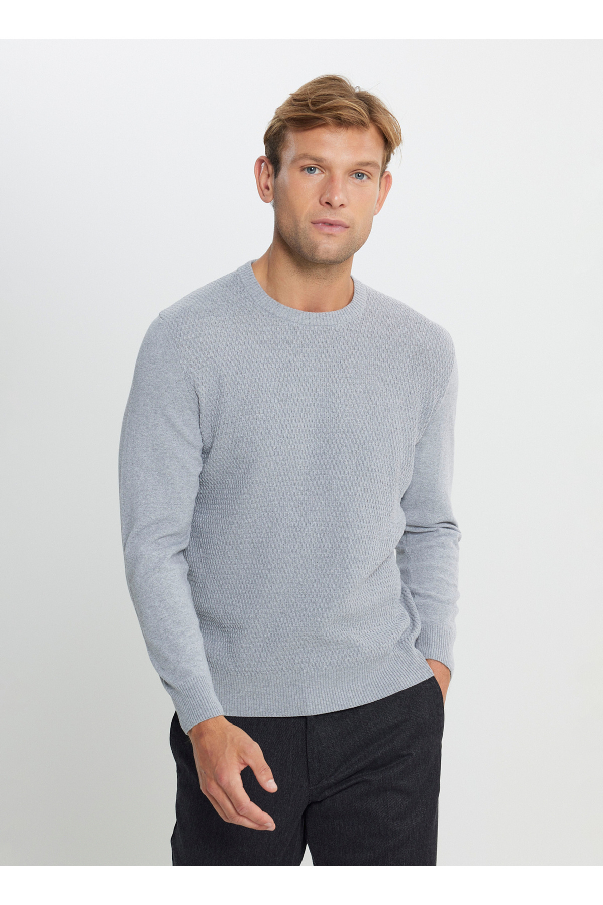 آلتین ییدلیز کلاسیکس ژاکت مردانه Altınyıldız Classics یقه گرد استاندارد خاکستری ملانژ ACE492510284_TRIKO یقه گرد