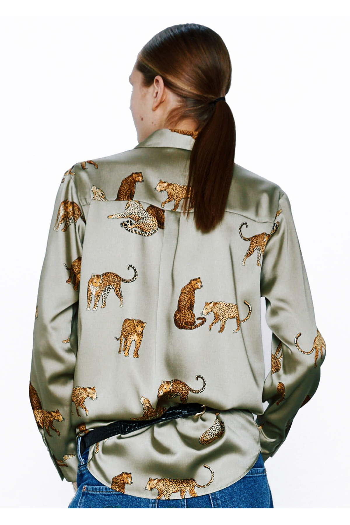 veira  Kadın Leoparlı Yeşil Saten Gömlek Rahat Kalıp - Görsel 2