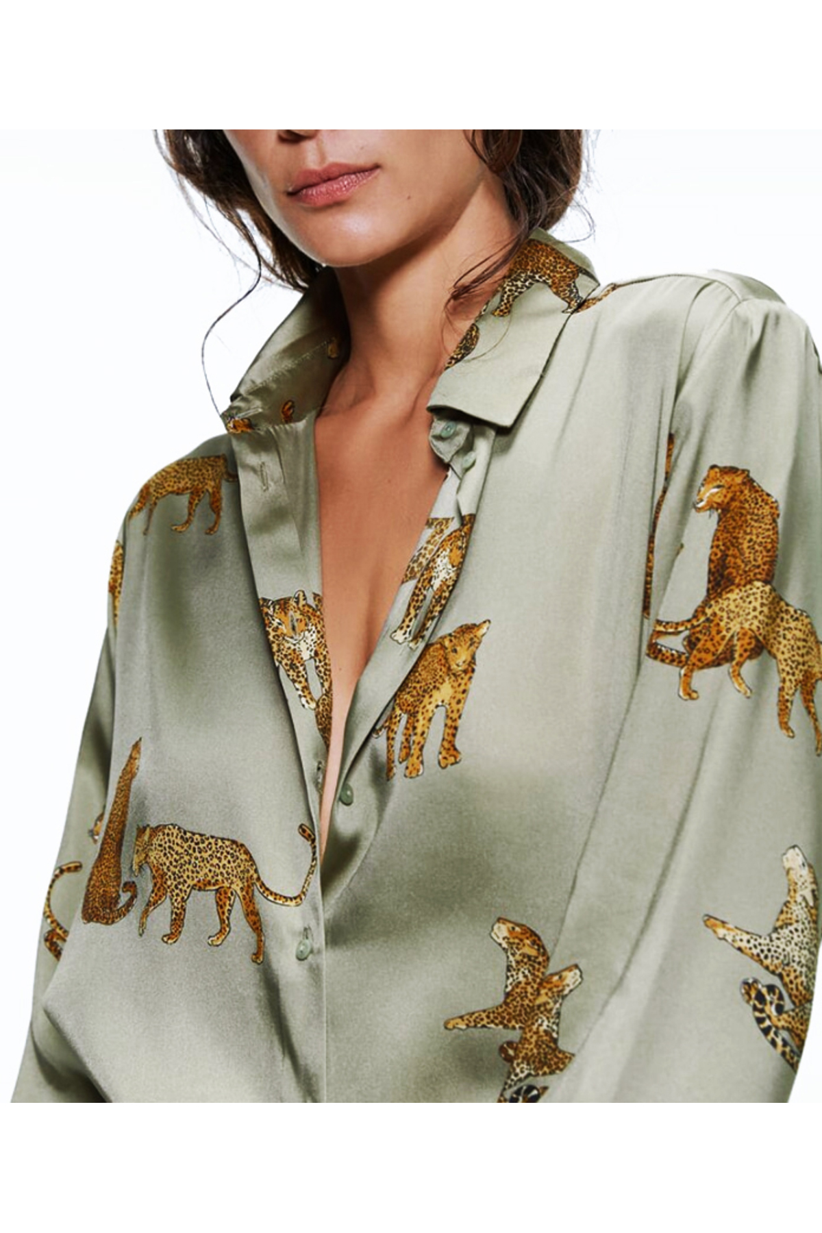 veira  Kadın Leoparlı Yeşil Saten Gömlek Rahat Kalıp - Görsel 3