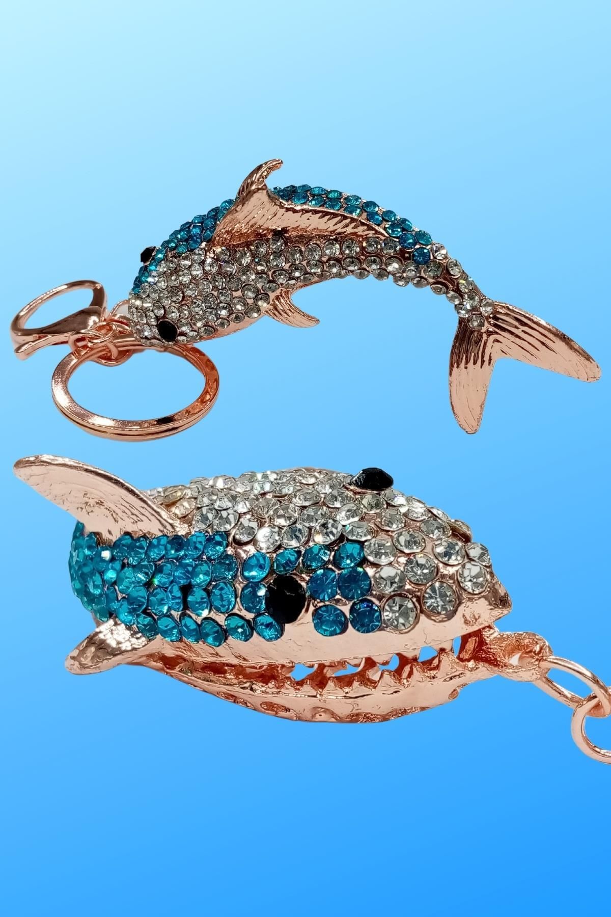 Dünyadan Hediyeler-Blue Shark Keychain with Crystal Stones No.2 5