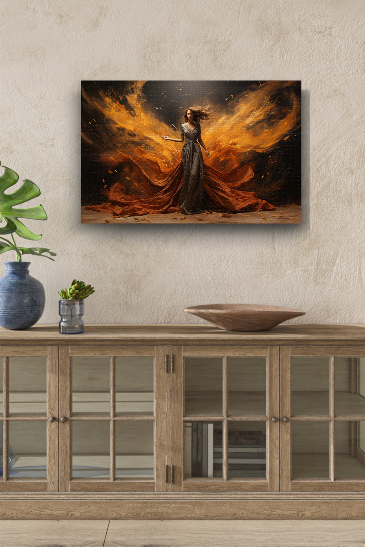 Women's Design Horizontal Oil Canvas in Grey Dress with Orange Wing Detail Painting