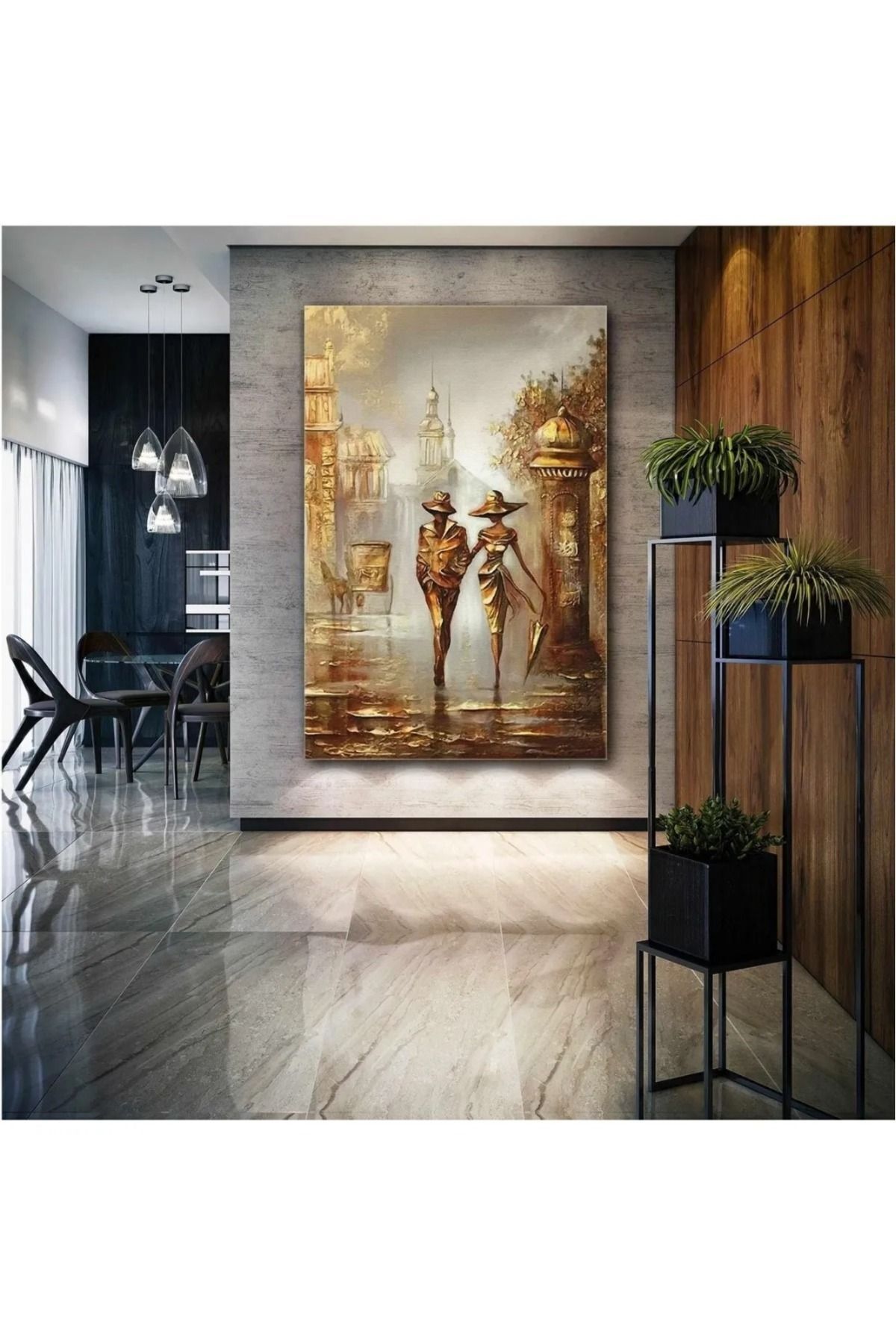 Vividale Sokakta Yürüyen Şemsiyeli Çift Bronz Nostalji Aşk Love Dekor Kanvas Tablo AR030218