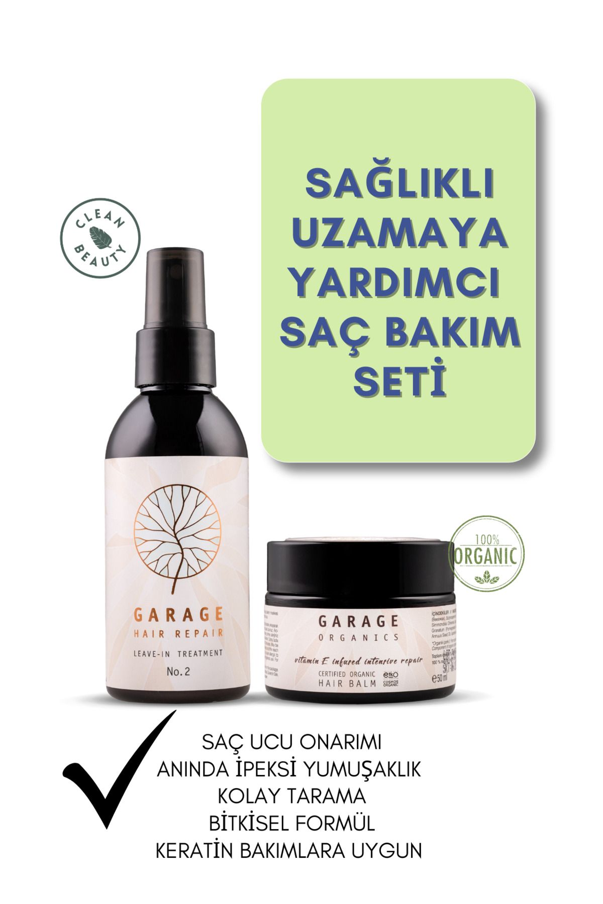 Garage Organics Sağlıklı Uzamaya Yardımcı Saç Bakım Seti - Durulanmayan Saç Kremi No.2 Sprey Hair Balm