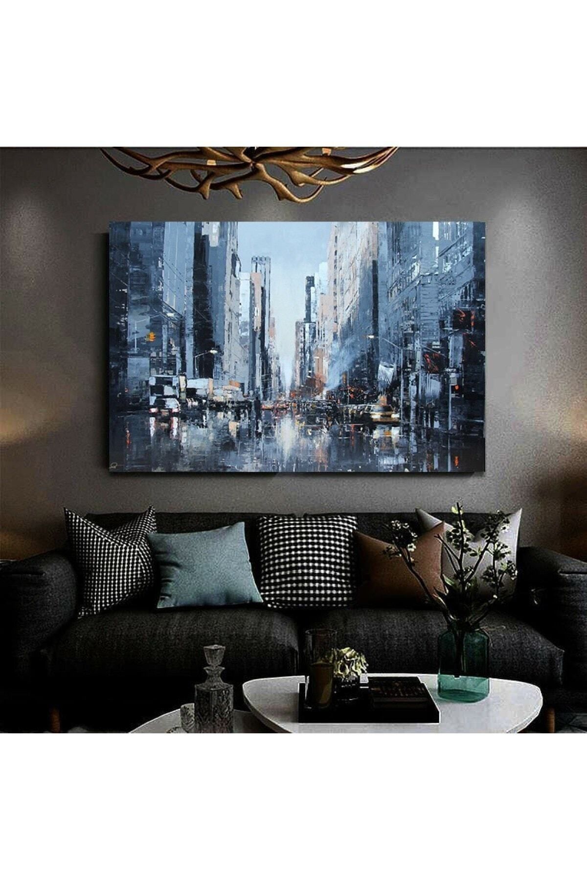 Vividale Resimli Tablo Yağlı Boya Görünümlü Soyut Şehir Modelli Kanvas Tablo Modelu10